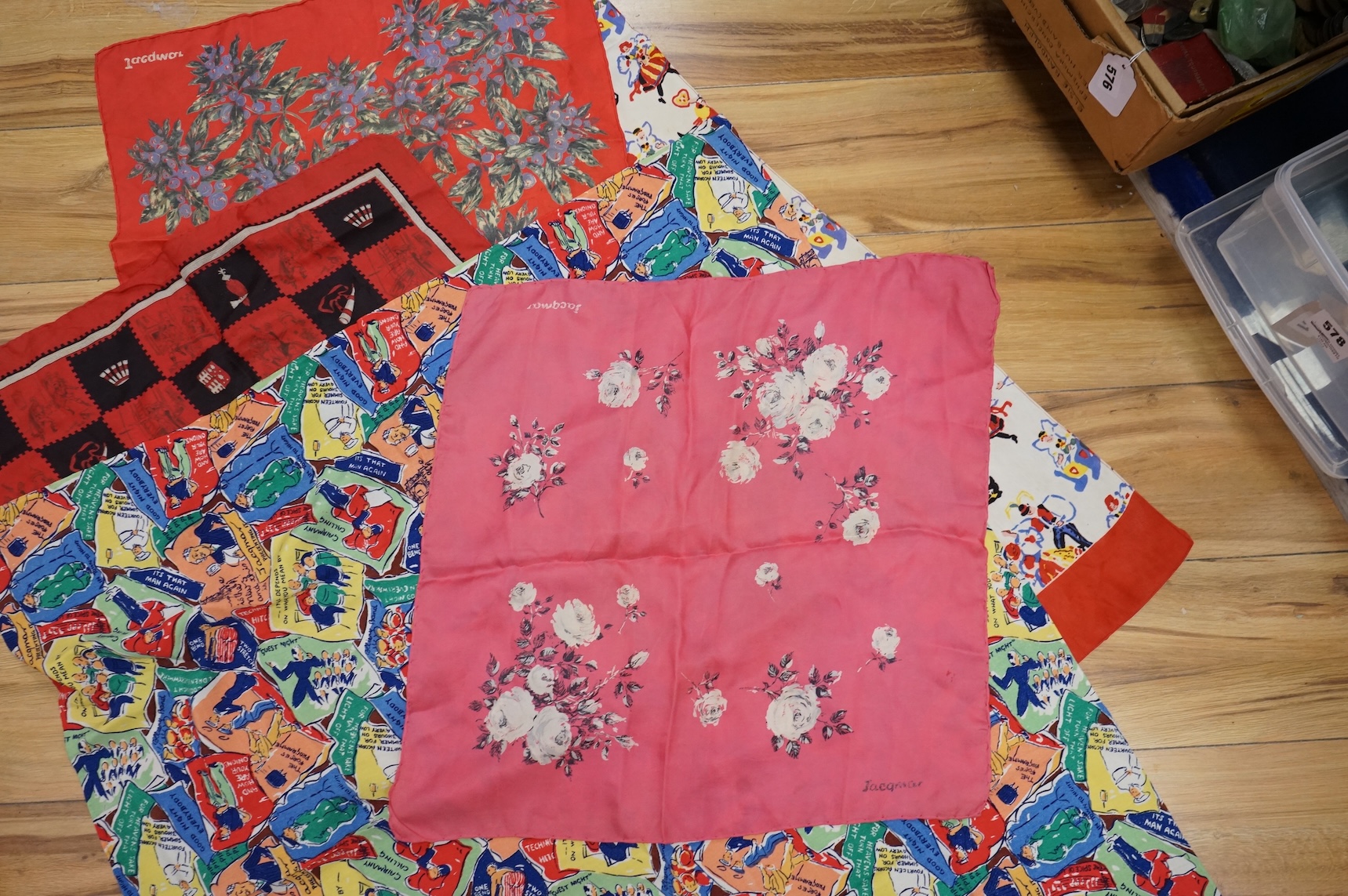 A novelty cartoon style Jacqmar silk scarf, two others and two unnamed scarves